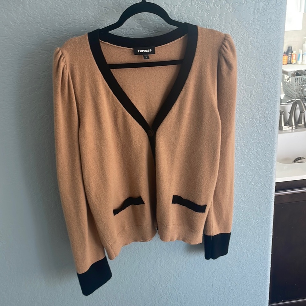 Express Puffed Sleeve Button Down Cardigan Tan and Black XL